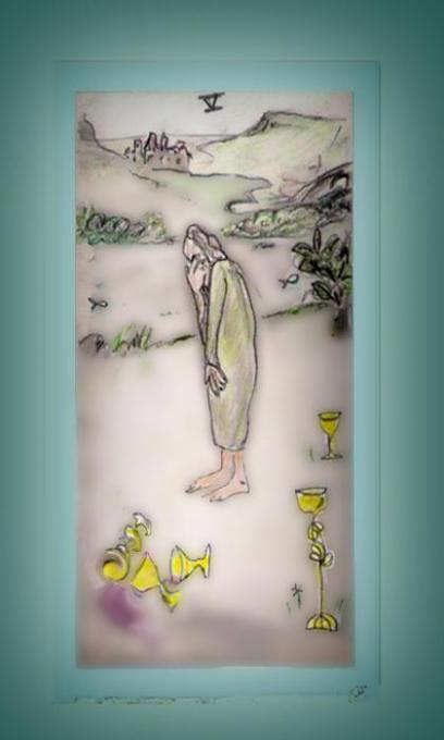 5 of Cups, Slightlyshpt; coloredpencils3x5index; 2005-09